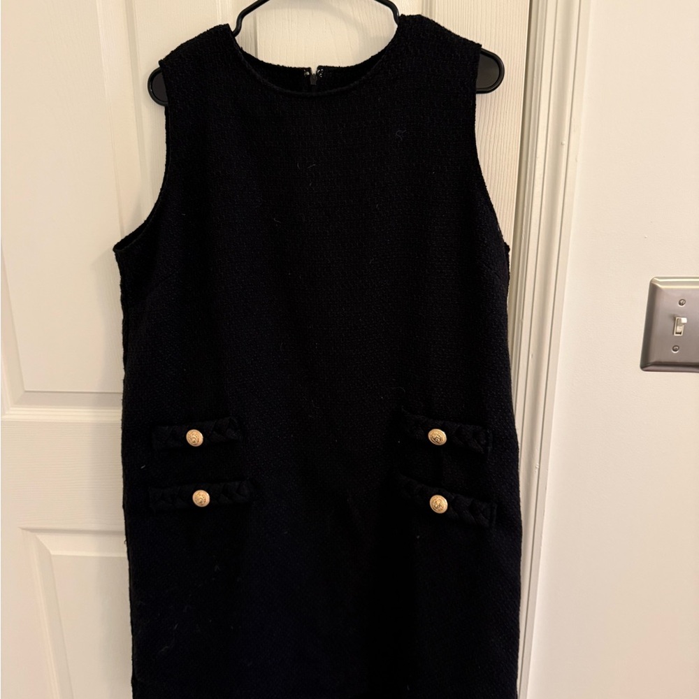 Black Sleeveless Dress with Gold Button Accents